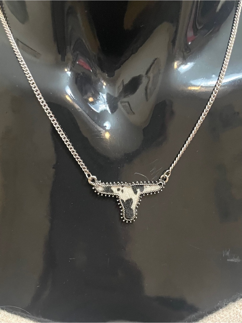 Western Cow Print Steer Head Pendant Necklace Black White Silver Tone
